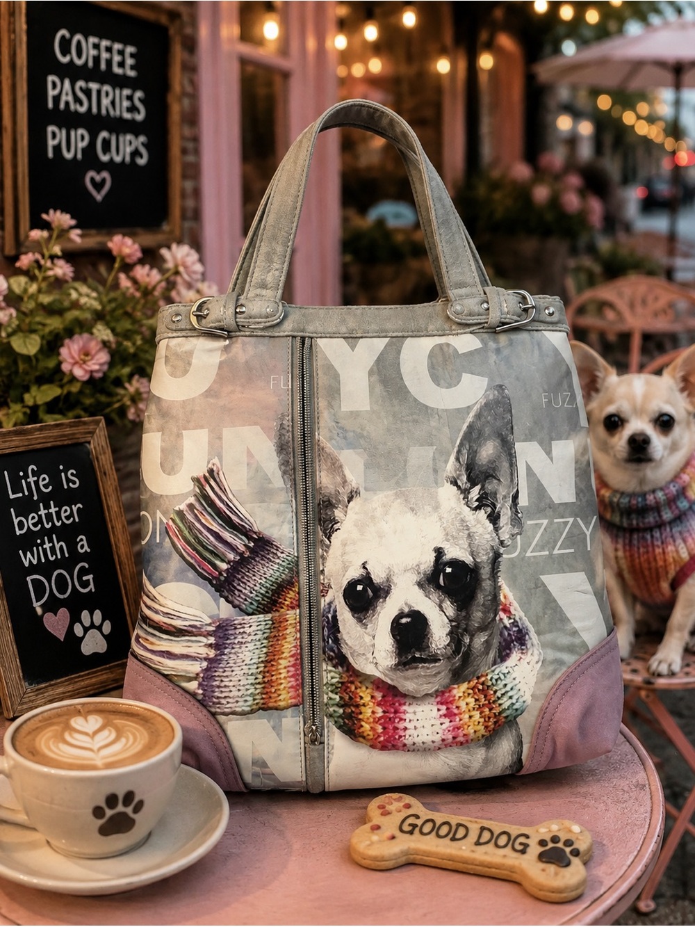 Fuzzy Nation Vintage Y2K Chihuahua Iridescent Sage Green Knit Shoulder Tote Bag